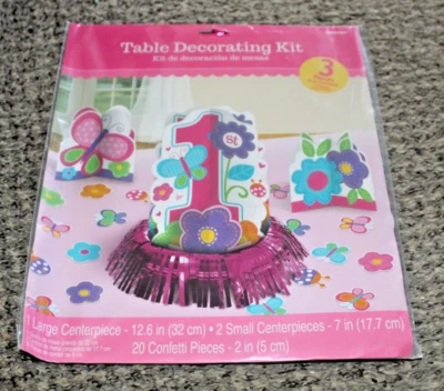 1st Birthday Table Decorating Kit 3 pieces Butterfly Large Pink White Amscan - Image 1 of 4