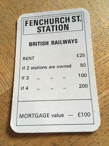 FENCHURCH ST. STATION - spare MONOPOLY title deed card. Vintage Waddingtons - Picture 1 of 2