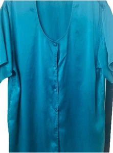 Victoria’s Secret 100% Silk Teal Nightgown M Short Sleeve Button Front Flaws  - Picture 1 of 9