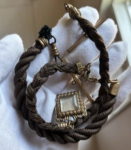 2 Antique Victorian Mourning Woven Hair Vest Pocket Watch Chain & Gf Locket Fobs - Picture 1 of 11