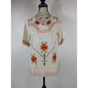 Vintage Womens L Top Embroidered Indian Peasant White Cotton Orange Floral Boho - Picture 1 of 11