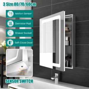 LED illuminated Bathroom Mirror Cabinet with Demister Shaver Socket Wall Mounted - Picture 1 of 22