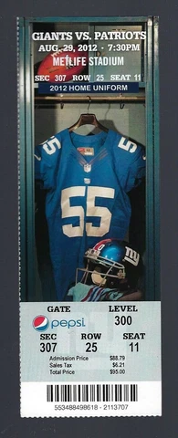 TOM BRADY - 2012 NFL NEW ENGLAND PATRIOTS @ GIANTS FULL UNUSED FOOTBALL TICKET Cover