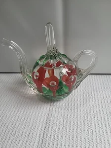 Vtg JOE ST CLAIR Red Trumpet Flower Teapot Art Glass Paperweight Ring Holder - Picture 1 of 6