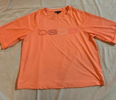 Bebe Sport Active Wear Crop Top Medium Neon Pink Orange Spellout - Изображение 1 из 4