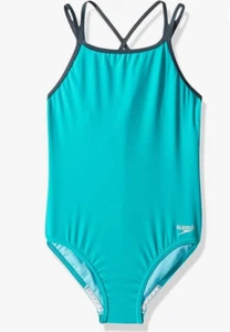 Speedo Girl's Swimsuit One P. Solid Cross Back Multi Straps Turquoise Sz14 - Picture 1 of 2