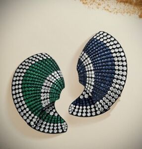 Mismatch Fan Earrings Studs Blue Sapphire Emerald lab created 925 Sterling CZ