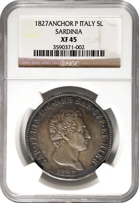 ITALY SARDINIA CARLO FELICE  1827-P  5 LIRE SILVER COIN, NGC CERTIFIED XF45 - Image 1 of 2