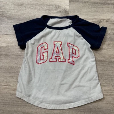 Gap Kids Sequin Logo T Shirt Navy Blue and White Girl's Top - Image 1 of 3