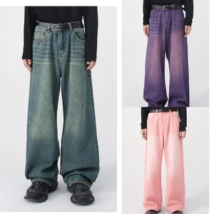 Denim Retro Wide-Leg Jeans Loose Straight-Leg Jeans Men Women Cotton Purple Pink - Picture 1 of 24