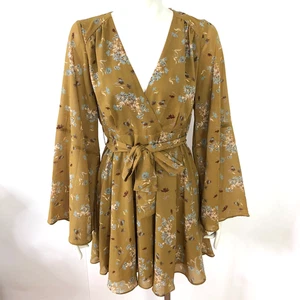 Free People Medium Bell Sleeve Above Knee The Neck Faux Wrap Dress Brown MINT - Picture 1 of 17
