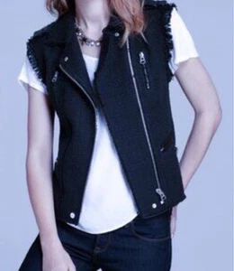 Rebecca Taylor Tweed Motorrad Zip Weste schwarz Leder Größe 4 - Bild 1 von 9