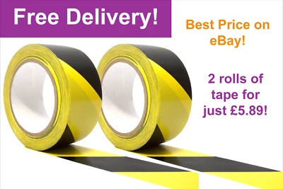 Black and Yellow Safety Hazard Tape 50mm x 33meters ** COMES AS A PACK OF 2 **