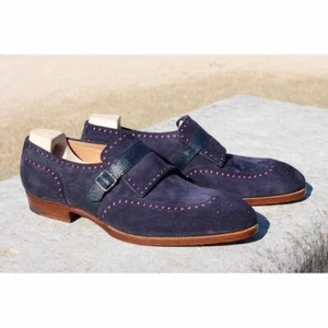 Handmade Men's Blue Wing Tip Brogue Monk Strap Dress Shoes, Real Suede Shoes - Picture 1 of 3