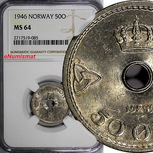 NORWAY Haakon VII Copper-Nickel 1946 50 Ore NGC MS64 1 GRADED HIGHEST KM# 386(5) - Picture 1 of 4
