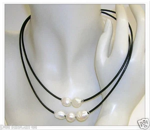 COLLAR de PERLAS Cultivadas Barrocas 10-11mm Cuero Negro, PLATA de ley 925 ref48 - Imagen 1 de 3