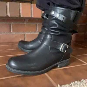 Womens Eric Michael Black Leather Strappy Pirate Moto Boots Fur-lined Warm! 39 8 - Picture 1 of 4