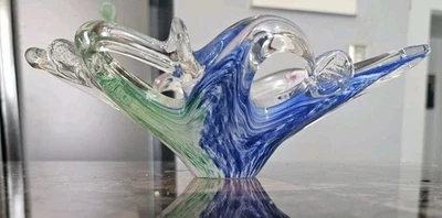 Vintage Lavorazione Art Glass Bowl Murano Blue, Pink, Green Clear Italy.  - Image 1 of 4