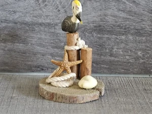 Hand Carved Seagull On Wood Post With Seashells Nautical Bird Beach Decor G3b - Picture 1 of 6
