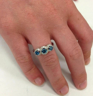 2Ct Halo Lab Created Blue Diamond Engagement 3-Stone Ring 14K White Gold Plated - Image 1 of 3