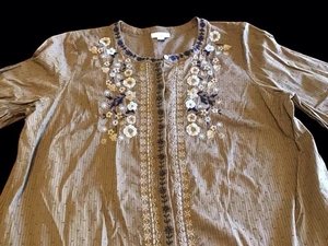 J. Jill 100% Baumwolle bestickt 3/4 Arm Tunika Bluse Top braun geblümt Large - Bild 1 von 7