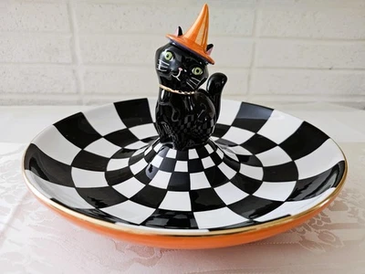 NUEVO Mackenzie Childs TRUCO O TRATO GATO CHEQUE PLATO DE DULCES Pintado a Mano Halloween Foto 1 de 4