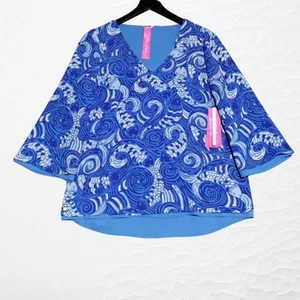 Lilly Pulitzer Florin 3/4 sleeve Womens XS V Neck Blue Grotto Reversible Top NEW - Picture 1 of 20