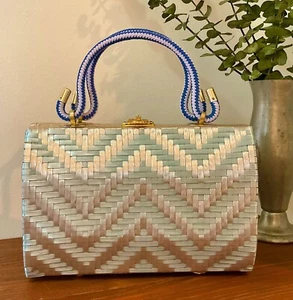 1950s 1960s Blue & Silver Woven Vinyl Handbag, Vintage Purse, Rockabilly Mod Bag - Picture 1 of 10
