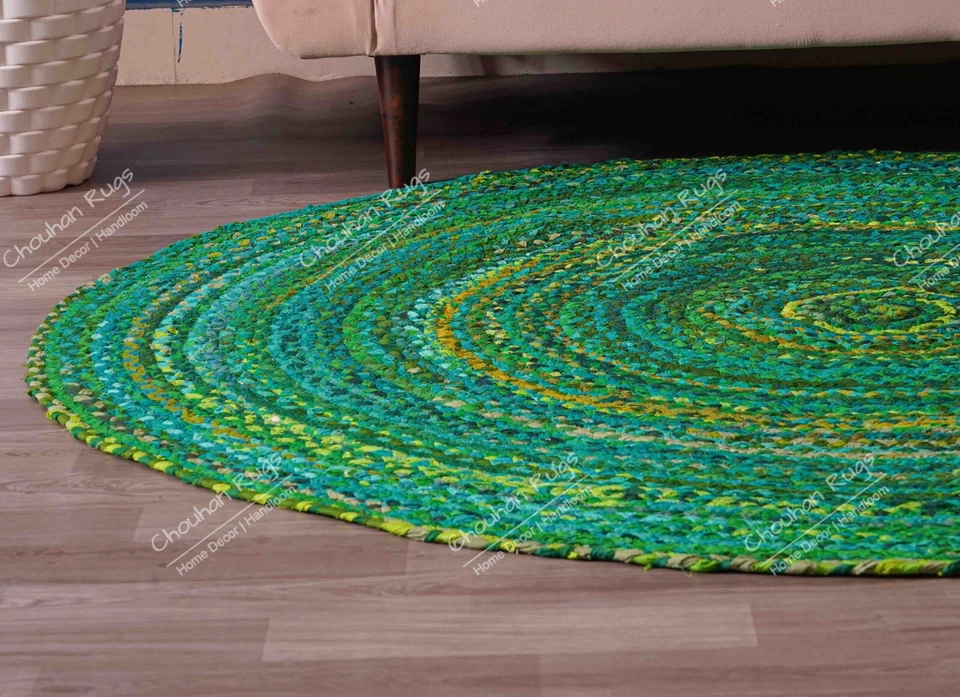 Alfombra/felpudo redondo de algodón hecho a mano, alfombra redonda verde hecha a mano para alfombras de sala de estar Foto 1 de 4