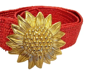 1980's Gold Tone Metal Sunflower 3" Buckle with Orange Stretch Woven Belt S/M - Picture 1 of 4