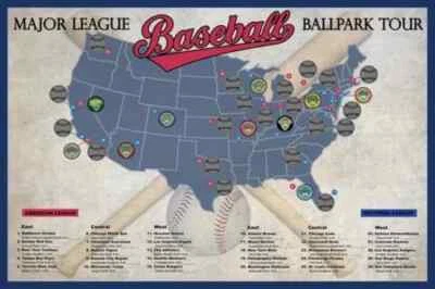 2025 Pro Baseball Stadium Scratch Off Tour Map Ballpark Stadium Tracker Poster - Image 1 of 4