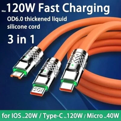 3 in 1 Micro USB Type C 6A Fast Charging Cable for iPhone Charging Cable. - Image 1 of 4