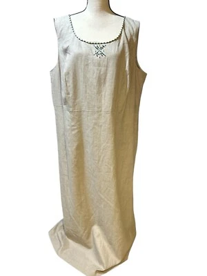 Sag Harbor Long Tan Linen Dress Plus Sz 22W Beading Neckline Cottagecore Relaxed - Image 1 of 4