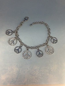 PEACE HIPPIE LOVE SIGN SYMBOL SILVER CHARM FASHION BRACELET ICY CRYSTALS 7-9" - Picture 1 of 3