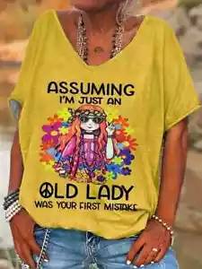Women's Graphic Print V Neck T Shirt "OLD LADY" Yellow Plus Size 4XL(20) - Picture 1 of 4