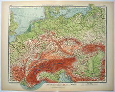Central Europe - Large Original 1937 Physical Map by Velhagen & Klasing. Vintage