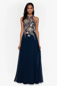 Betsy & Adam Sleeveless Floral-Appliqué Illusion Gown Navy/Gold Size 8 $299 - Picture 1 of 3