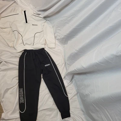 儿童男孩 2 件套运动服运动套装长袖黑白套装  — 第 1/4 张图片