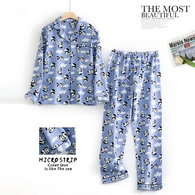 Conjunto de pijamas femininos 100% algodão flanela manga longa pijama roupa de dormir com botões - Imagem 1 de 4