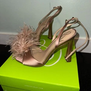 Sam Edelman Leon Heels Shoes 8 Feather Trim Ankle Strap Praline Satin Box - Picture 1 of 11
