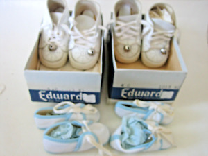 2 PAIR EDWARDS ? WHITE LEATHER BABY TODDLER BOOTS SHOES W/ BOX + 2 PAIR FOOTIES