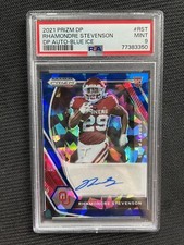 2021 Prizm Draft Picks Rhamondre Stevenson Blue Cracked Ice RC Auto #36/75 PSA 9