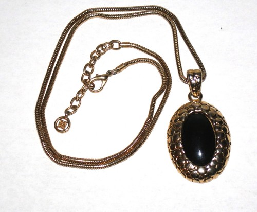 Givenchy Black & G Tone Pendant + G Tone Snake Chain Necklace w Monogram