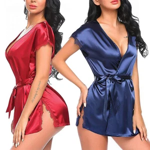 Women's Lace Trim Kimono Robe Nightwear Nightgown Sleepwear Satin Short Robe Set - Picture 1 of 12