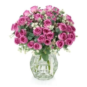 Faux Rose Flowers Babybreath Flower with Purple Rose Babybreath /Clear Vase - Picture 1 of 8