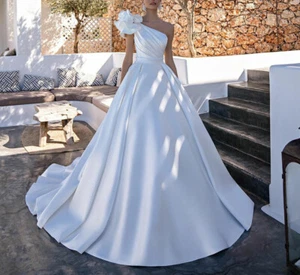 A-Line One Shoulder Stain Wedding Dresses Sleeveless Bridal Gowns Custom Made - Picture 1 of 8