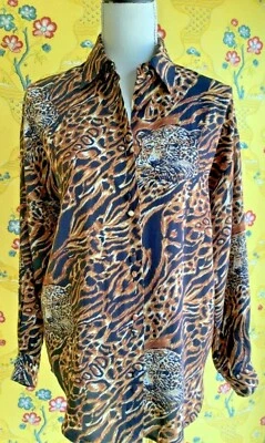  VTG  Cheettah Print Button front black Top Shirt size S Dolman  sleeve - Image 1 of 4
