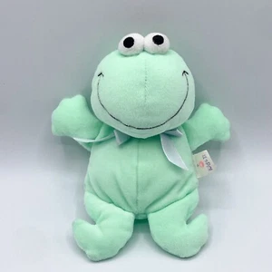 Kids II Green Frog Baby Plush Rattle Velour Velvet Blue Bow Vtg 1998 Happy 8in - Picture 1 of 9