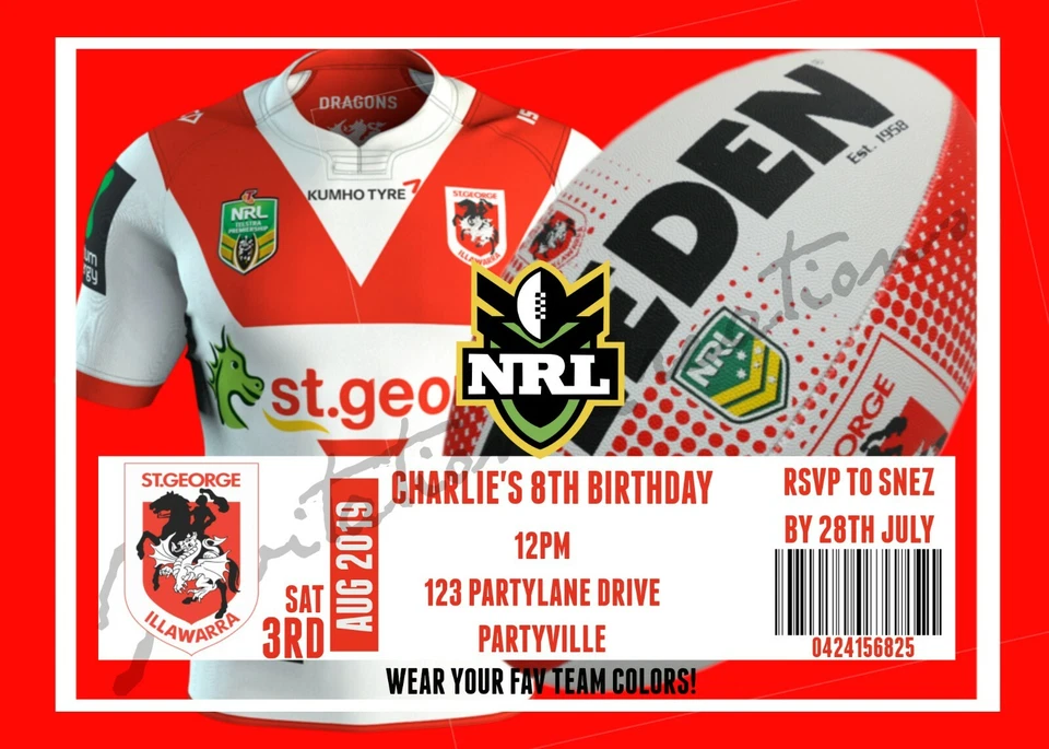 Hágalo usted mismo Impresión Personalizada NRL ST GEORGE DRAGONS CAMISETA DE FÚTBOL Invitación Fiesta de Cumpleaños Foto 1 de 1