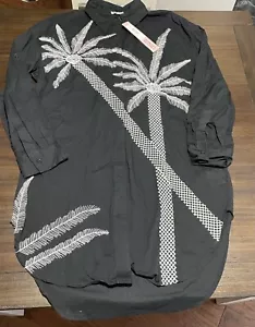 NWT Badgley Mischka Women's Large Tunic Dress White Black Palm Tree Embroidered - Picture 1 of 7